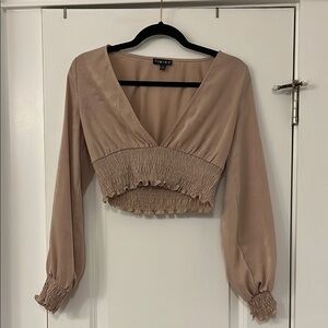 Timing Tan Smocked Crop Blouse with Puff Sleeves